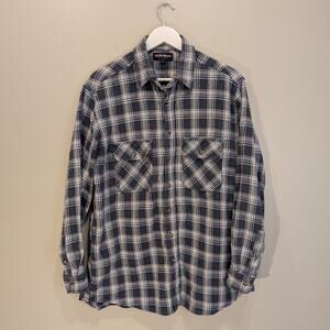 Workwear Flannel Shirt Blue White Plaid Heavy Duty Warm Fall Winter - Size L